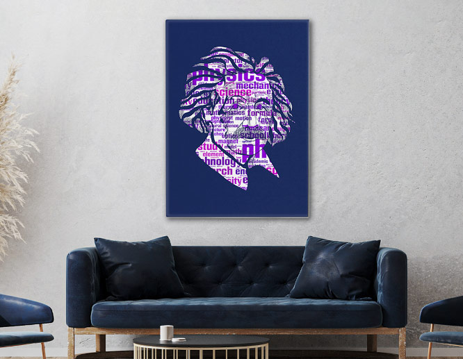 Typographic wall art design in purple with the portrait of Albert Einstein