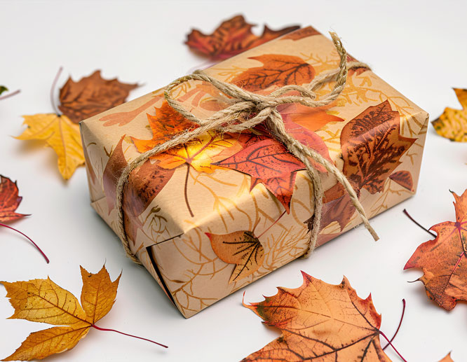 Gift box wrapped in fall-themed paper with autumn leaves and twine, symbolizing seasonal packaging updates for businesses.