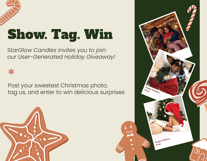 User-generated Christmas holiday giveaway program with family-themed images and Christmas decorations.