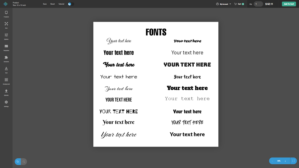 Different vehicle lettering fonts on design platform with modifiable sizes