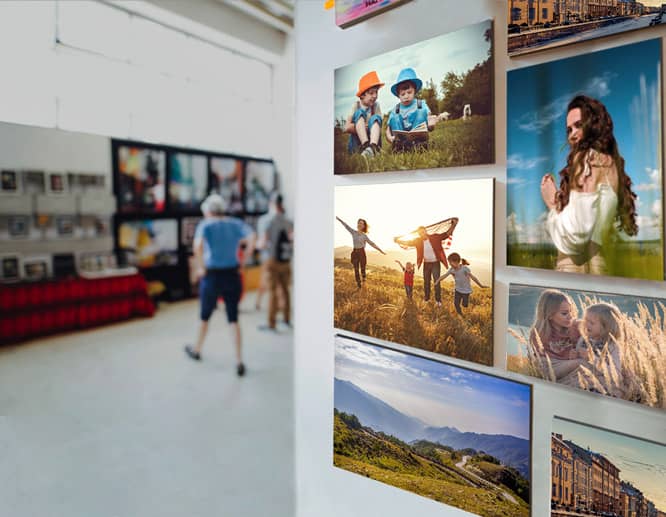 Vintage-colored photographic dibond signs mounted on the wall