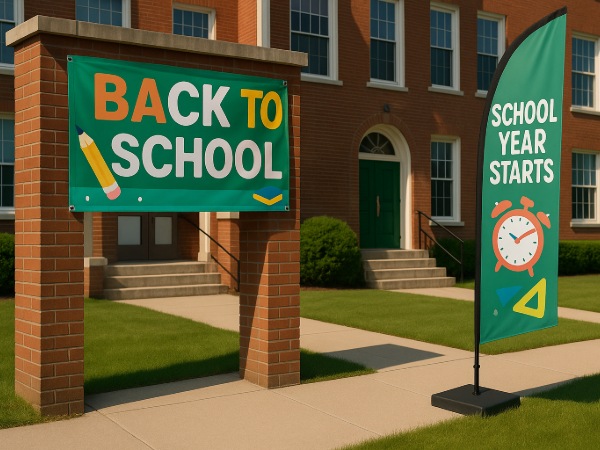 Custom vinyl banner and other displays at a school entrance for a back to school celebration