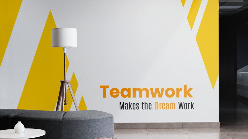 Wall decal with striking graphics and a motivational quote applied to the office wall