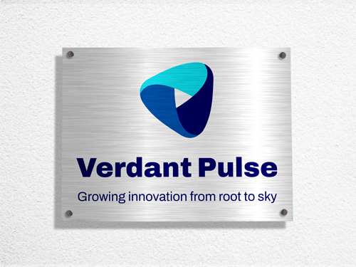 Brushed aluminum branding sign featuring the logo in black and blue and reading the company's name and slogan.