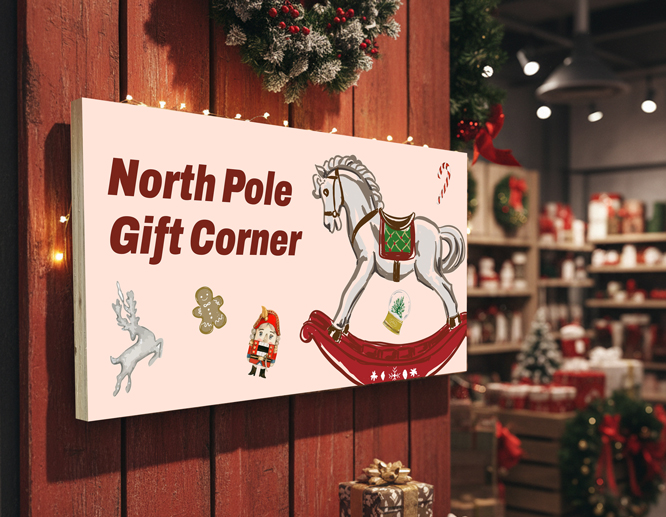 Wall-mounted sign displays a rocking horse, gingerbread, and other Christmas characters and reads "North Pole Gift Corner"
