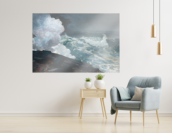 Waterscape living room vinyl wall decal next to an armchair