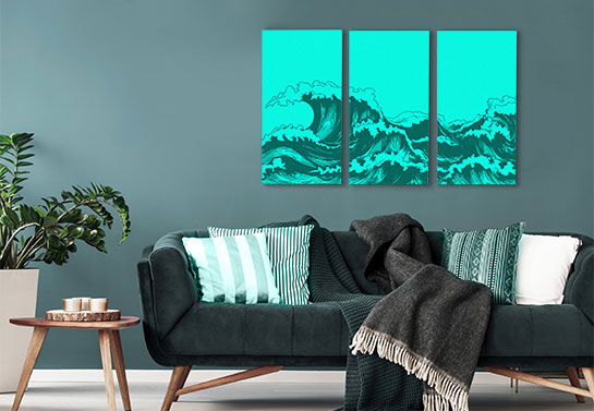 electric blue wave print canvas collage idea on a 3 panel canvas
