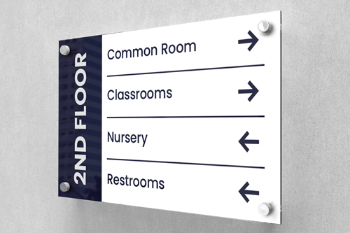 Wayfinding acrylic sign with directional arrows to different locations on the 2nd floor