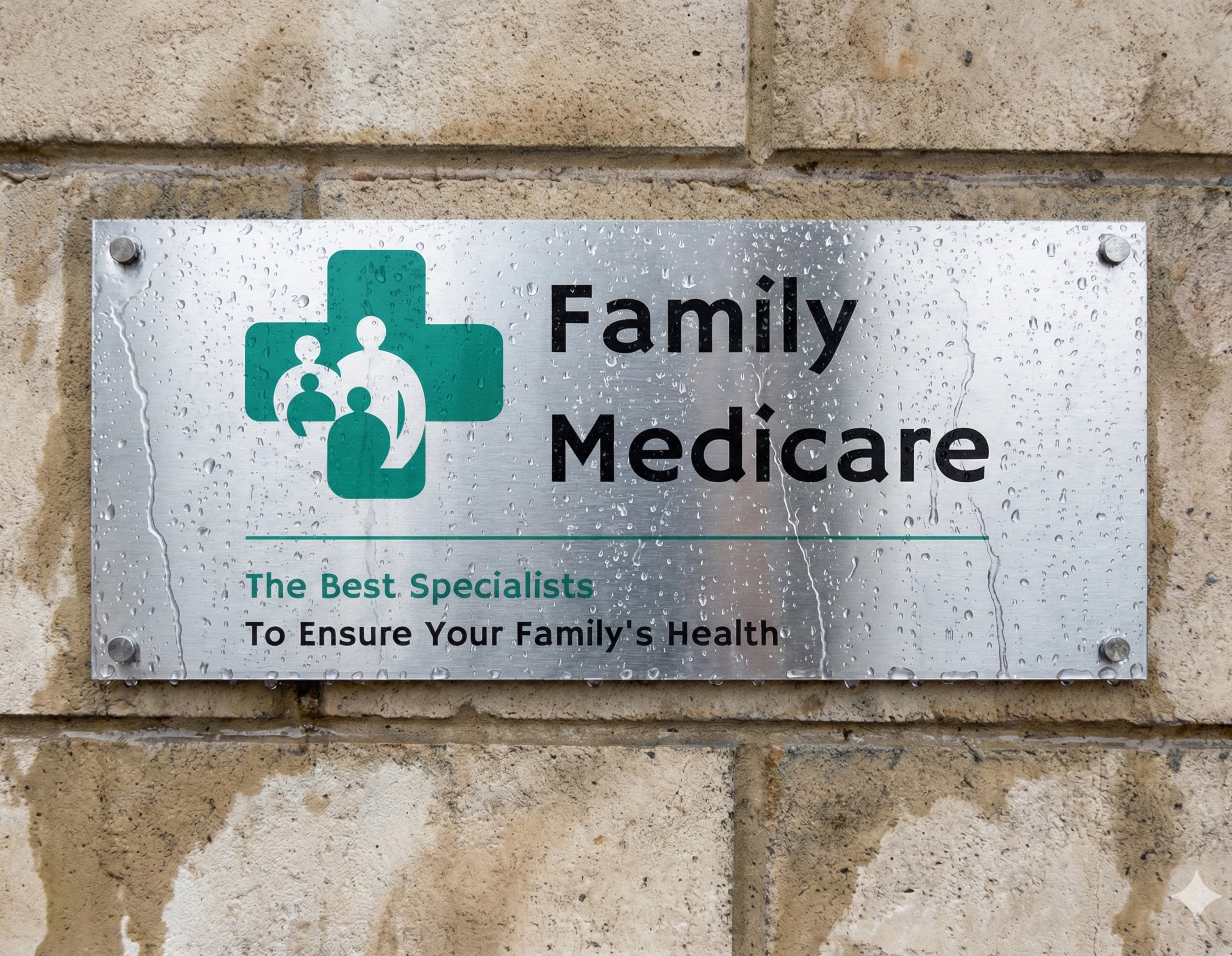 Family Medicare business sign with the rain drops on in.