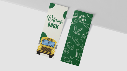 Custom green and white back to school bookmarks with a school bus and other thematic elements