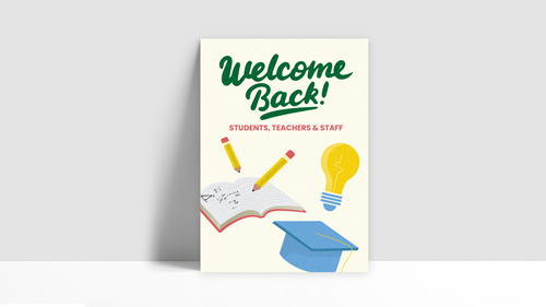 Welcome back to school foam board sign with message and school supplies design.