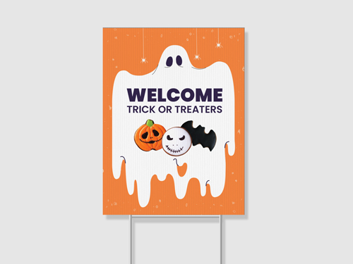 Welcome Treat or Treaters Halloween yard sign featuring a spooky ghost image.