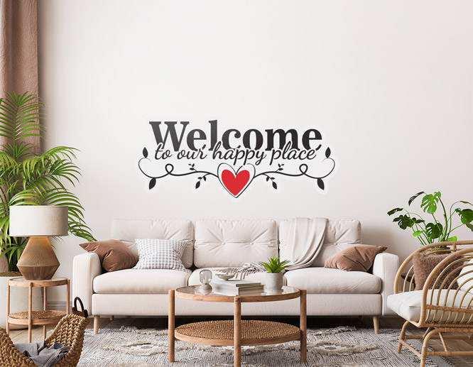 Red heart "welcome to our happy place" home wall decal saying for the living room