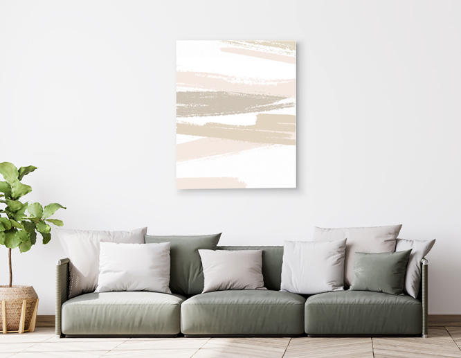 white contemporary wall art with beige strokes mounted on a white wall