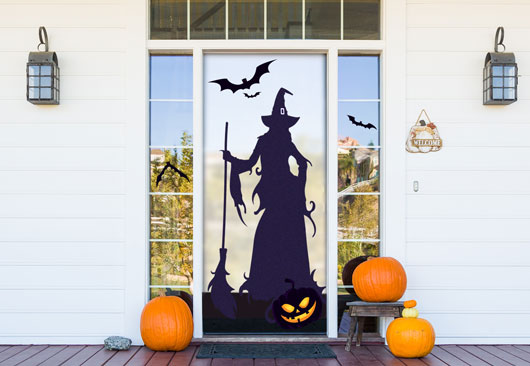 scary Halloween sign with a black witch silouette