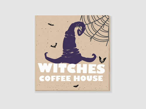 A Halloween wooden sign featuring a pointed witch hat and Witches Coffee House text.