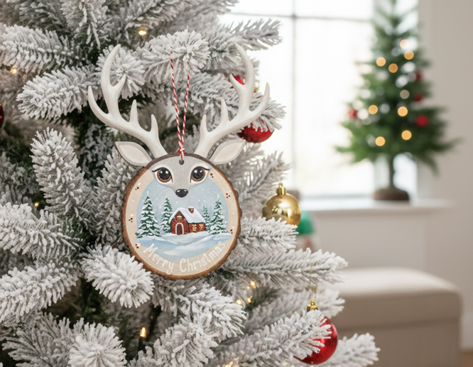 Handcrafted reindeer ornament with “Merry Christmas” text hanging on a snowy Christmas tree.