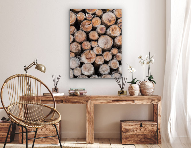 rustic styled modern wall art for living room with stacked logs images