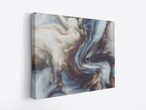 Abstract swirled wrapped canvas print with blue, gray, and brown flowing paint design.