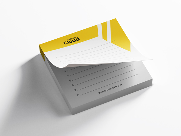 Post-it notes in yellow and white featuring the company's name and website