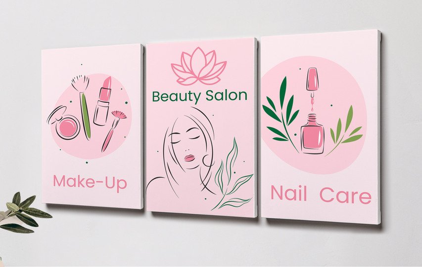 Pink beauty salon split canvas print with an aesthetic woman image reading Make-Up and Nail Care.