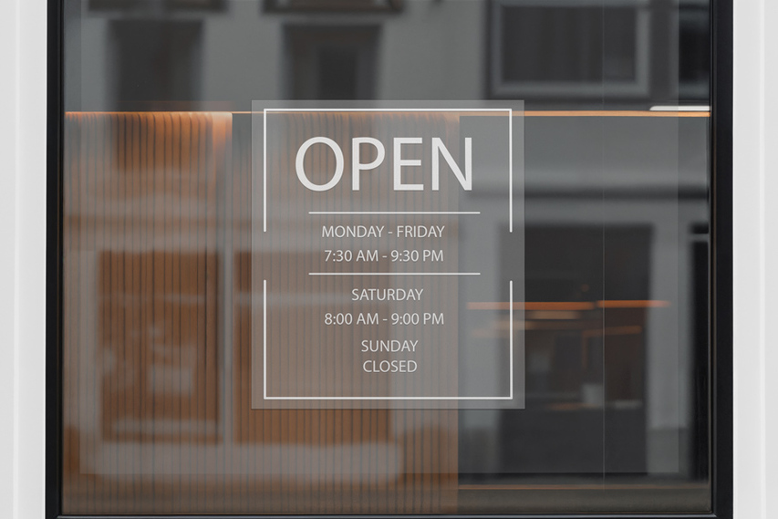 Open Hours Clear Window Decals