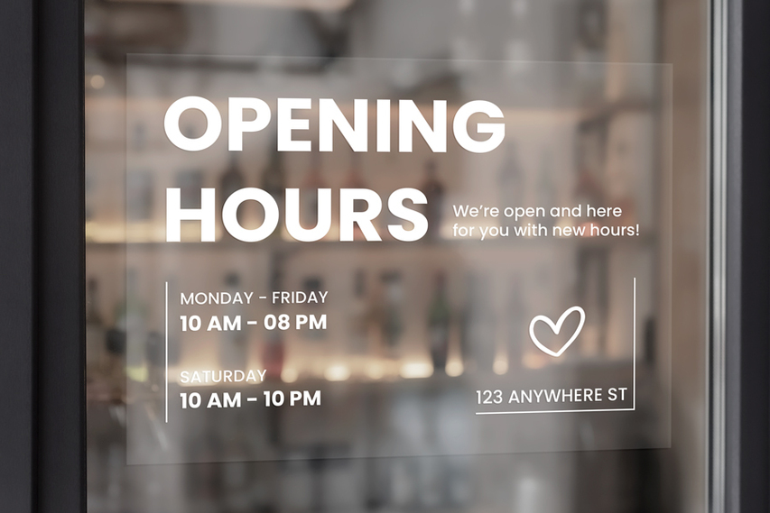 Opening New Hours Clear Window Decal