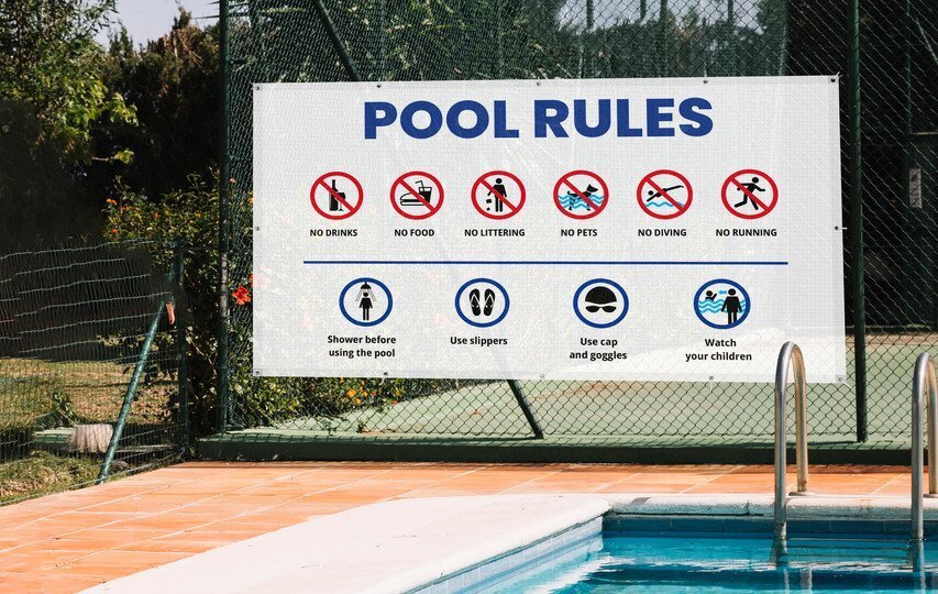 Pool rules hanging mesh banner