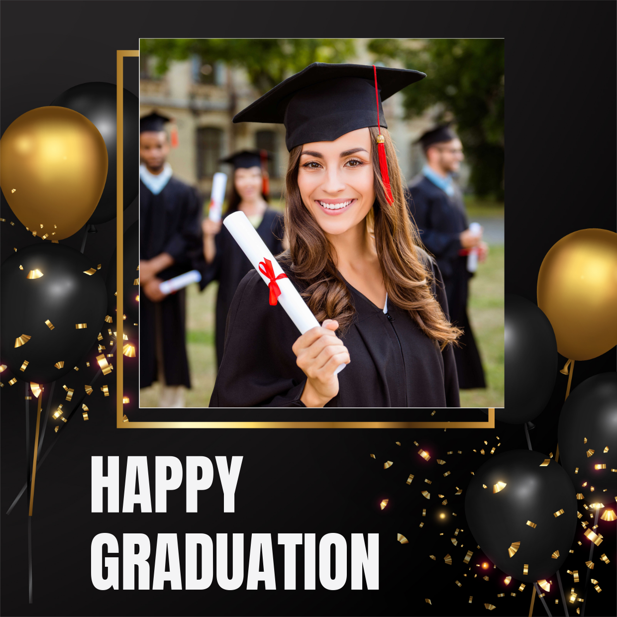 Golden and Black Happy Graduation Photo Sign Template | Square Signs