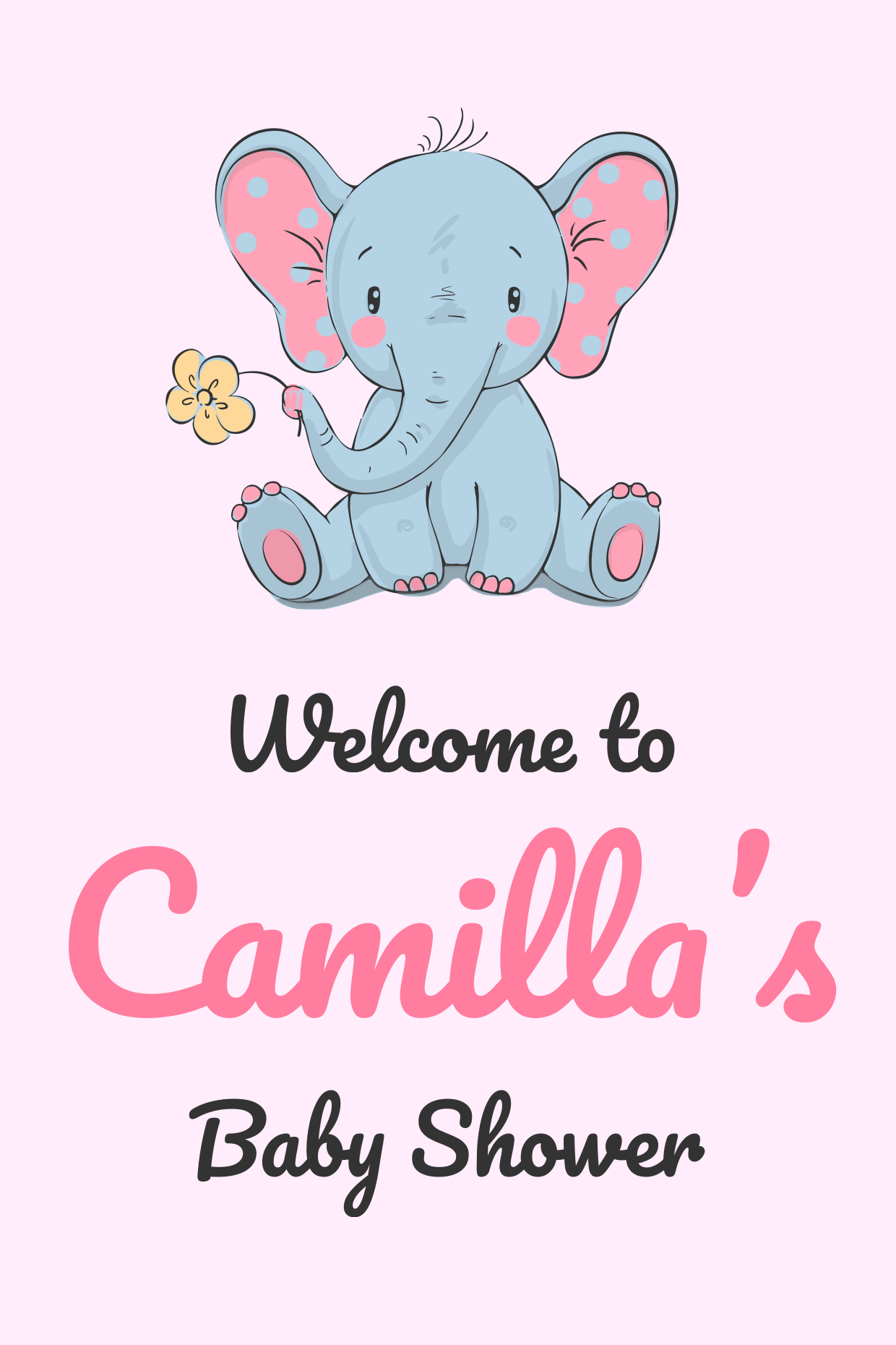 Cute Elephant With a Flower Baby Shower Sign Template | Square Signs, image size:1240x1860