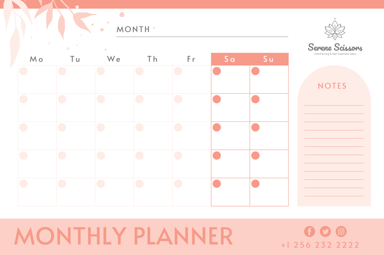 Serene Scissors Beauty Monthly Planner Sign Template | Square Signs