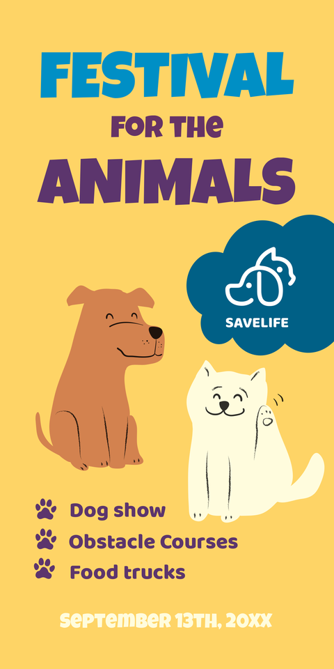 Cartoon Dog and Cat Characters With Paw Marks Sign Template