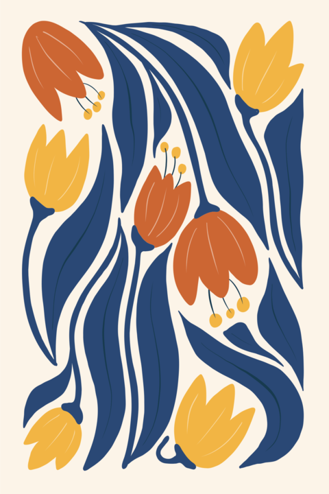 Artful Poppy Blossom with Blue Leaves Template
