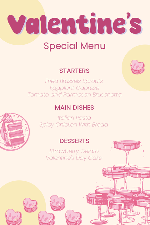 Cute Valentine’s Menu With Glasses and Cake Sign Template
