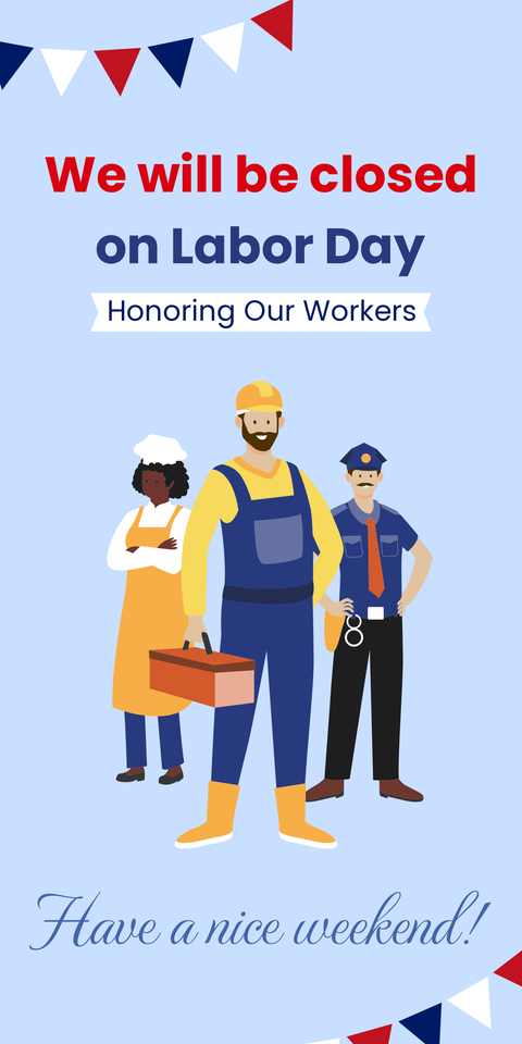 Red-Blue Cartooned Workers Labor Day Closed Sign Template