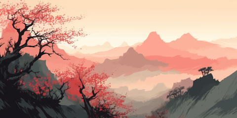 Blossoming Trees and Mountains at Dawn Sign Template