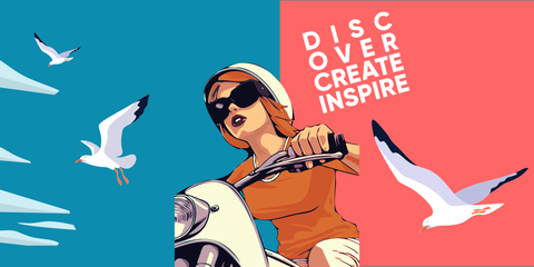 Pop Art Style Moped Girl and Illustrations Sign Template