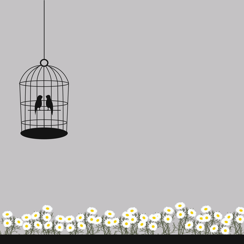 Birds in a Cage Over a Field of Flowers Template