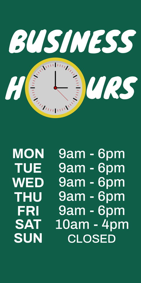 Green-Themed Business Hours With a Clock Sign Template