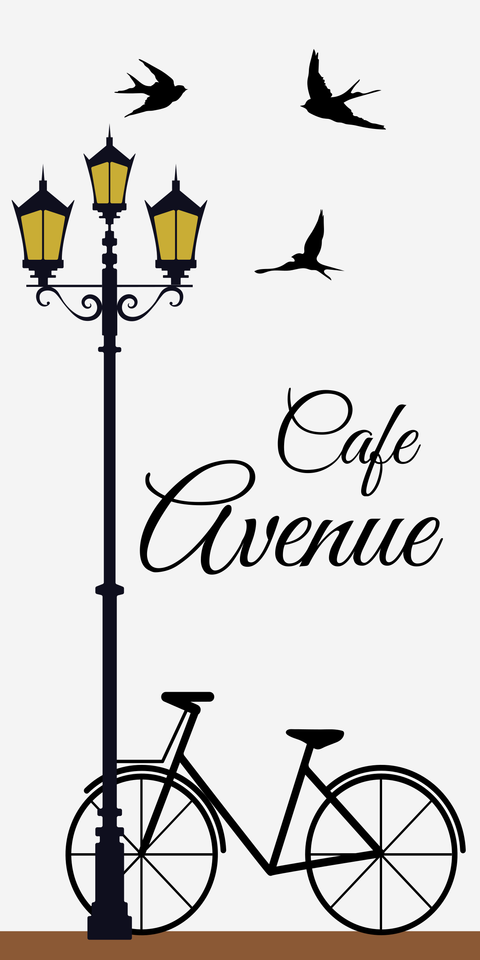 Bicycle, Street Lamp and Flying Birds Cafe Sign Template