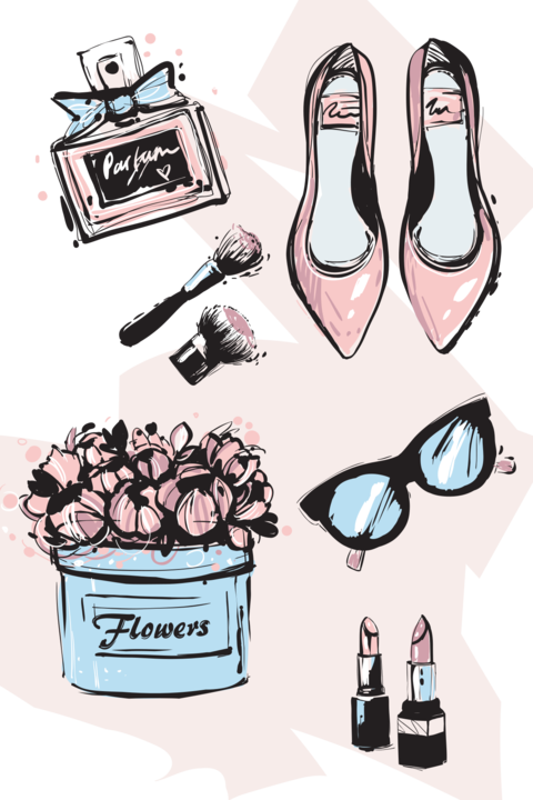 Sketched Feminine Accessories and a Makeup Set Template