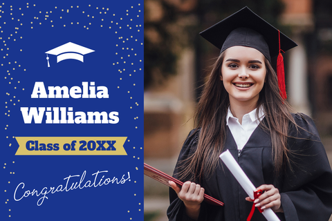 Smiling Student Photo on a Blue Graduation Sign Template