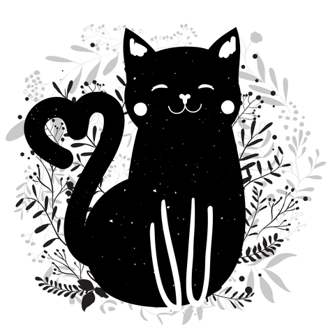 Black Cat With Heart-Shaped Tail and Foliage Template