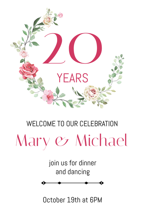 Floral Twentieth Wedding Anniversary Sign Template