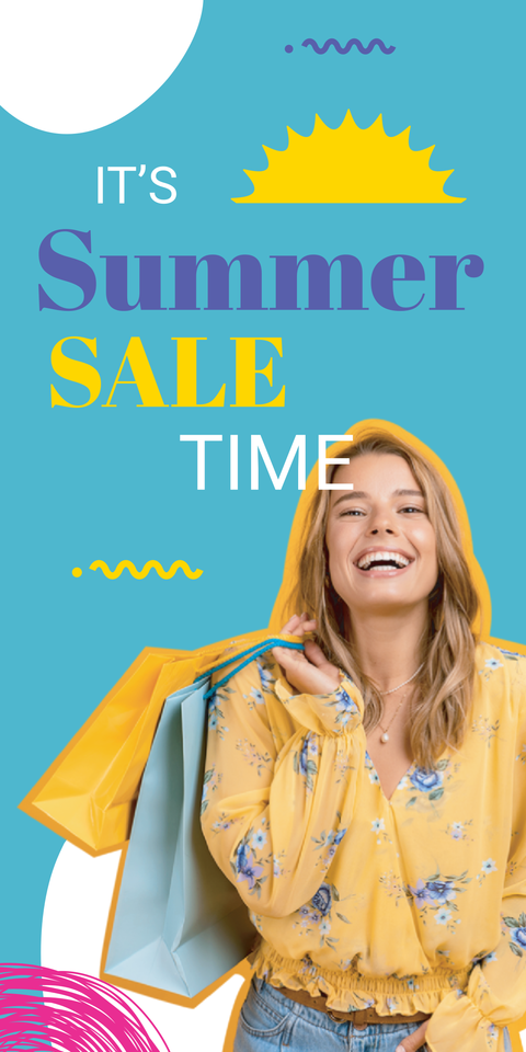Colorful Summer Sale With a Happy Woman Image Sign Template