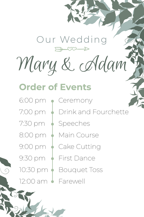 Leafy Order of Wedding Events Sign Template