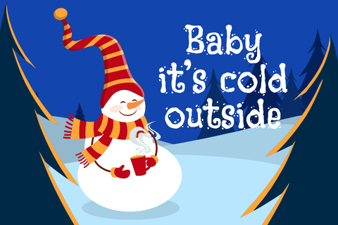 Snowman in Winter Forest With Coffee Cup Seasonal Template