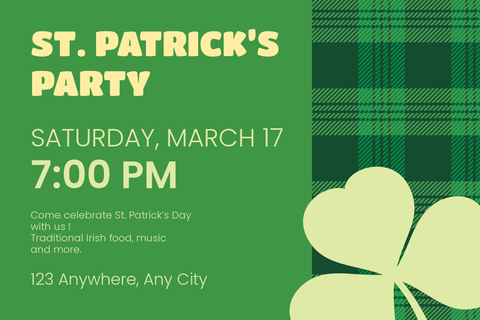 Green St. Patrick's Party Details Sign Template