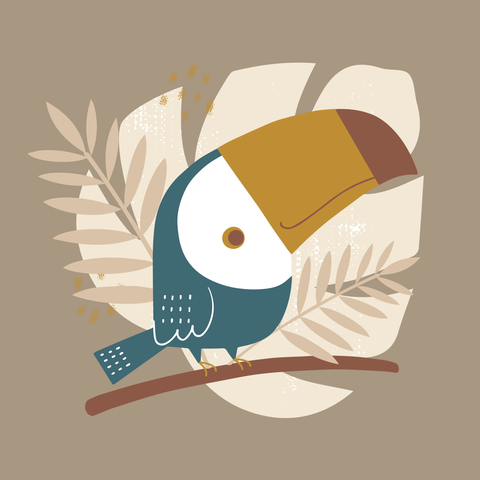 Tucan Bird on Tropical Branch With Leaves Animal Template