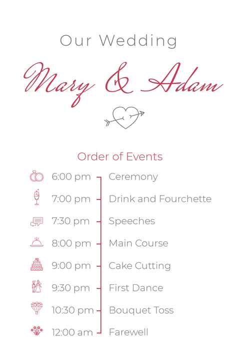 Couple Name Wedding Event Schedule List Sign Template